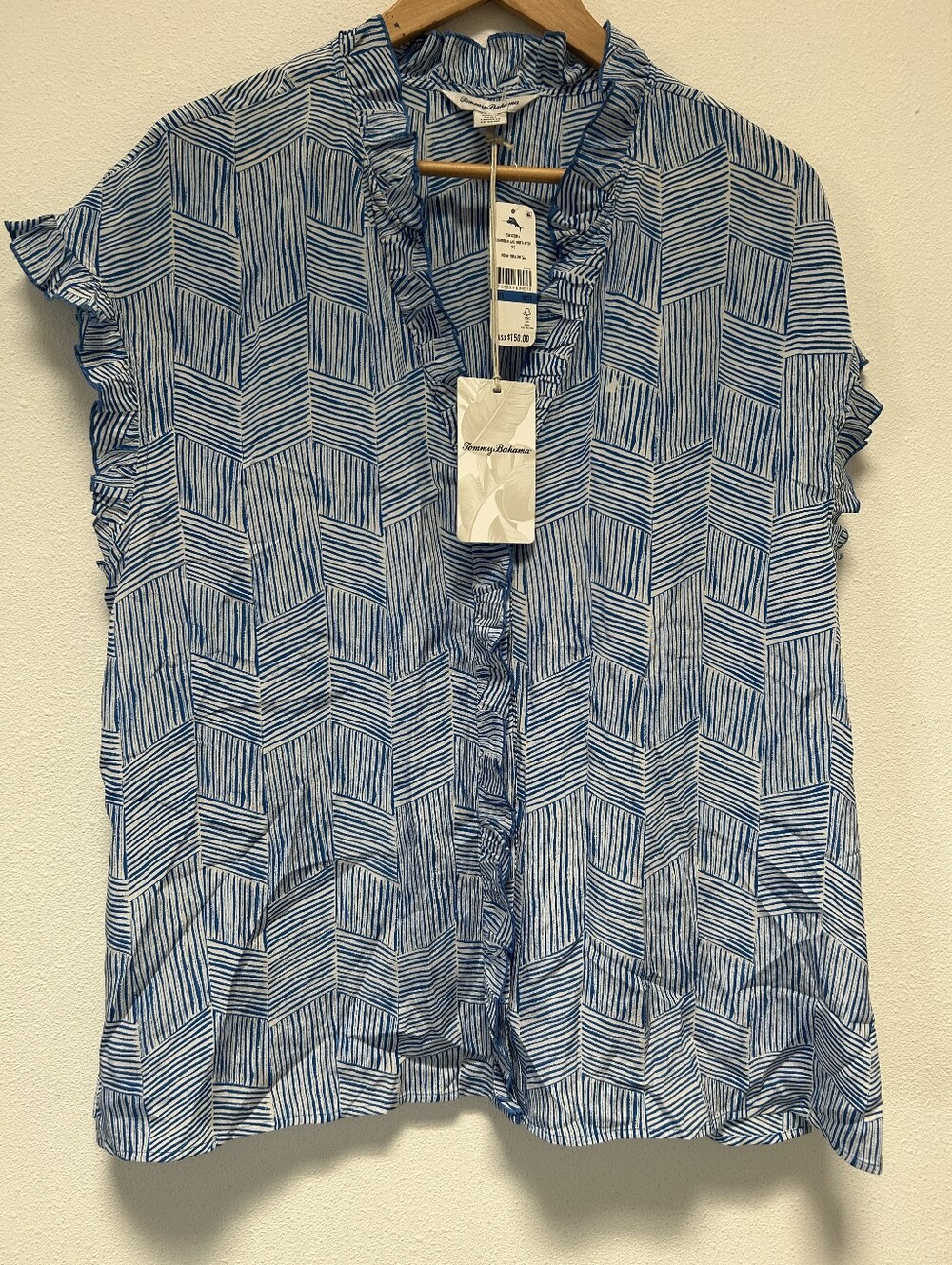 Tommy Bahama Blue Geo Ruffle-Trim Short Sleeve Blouse